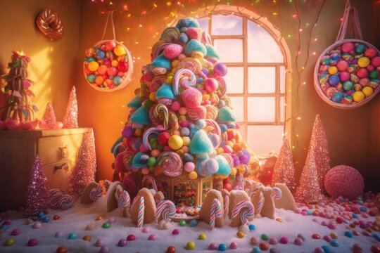 Photo of a festive Christmas tree made entirely of colorful and delicious candies created with Generative AI technology