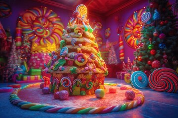 Photo of a vibrant and festive Christmas tree made entirely of candy and candy canes created with Generative AI technology