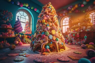 Photo of a festive Christmas tree made entirely of delicious cookies and candy created with Generative AI technology