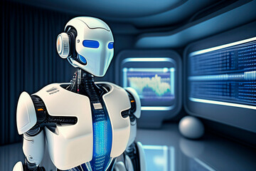  White cyborg robot analysing data in server room