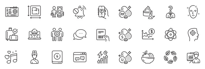Fototapeta na wymiar Icons pack as Parcel invoice, Motherboard and Hiring employees line icons for app include Power bank, Presentation, Health skin outline thin icon web set. Fraud, Recruitment, Niacin pictogram. Vector