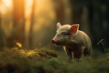 Loan Piglet walking in the sun drenched woodlands.