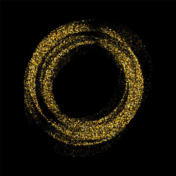 Gold dust in the form of a circle, a frame on a black background, an element of the festive design of the template for brochures, posters