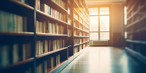 Fototapeta premium Blurred public library interior space. Learning and education concept background. Defocused bookshelves with books - vintage tone
