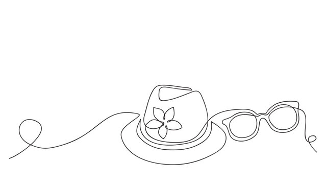 Continuous line drawing of summer concept of hat, sunglasses on tropical beach. Vector illustration isolated on white background