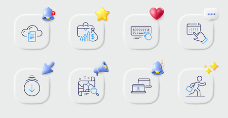 Event click, Search map and Scroll down line icons. Buttons with 3d bell, chat speech, cursor. Pack of Computer keyboard, Businessman run, Outsource work icon. Salary, File storage pictogram. Vector