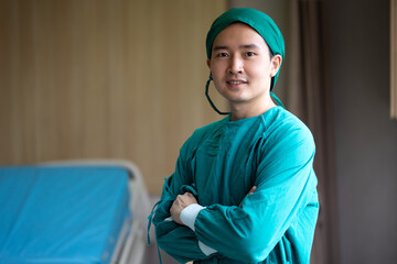 Portrait Medical surgery man in the operating room. Assistants and Nurses Performing Surgery.