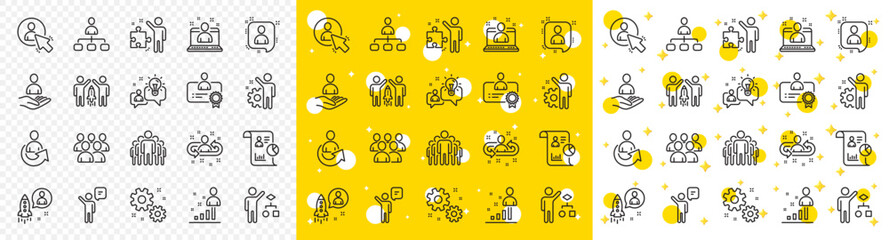 Set of Business audit, Startup strategy and Employee icons. Management line icons. Business strategy, Startup and Teamwork. Organization management, report and group algorithm. Employee job. Vector