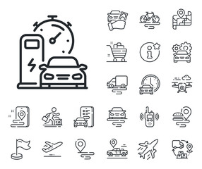 Car charge time sign. Plane, supply chain and place location outline icons. Charging station line icon. Electric power symbol. Charging station line sign. Taxi transport, rent a bike icon. Vector