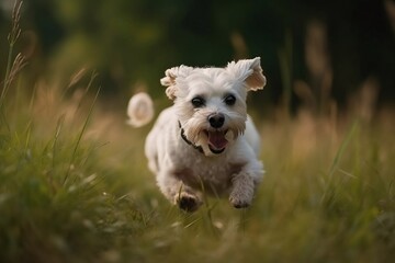 Running Free. Close up Cute Pet Dog Having Fun in a Meadow on blur background