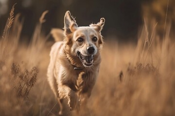 Obraz na płótnie Canvas Running Free. Close up Cute Pet Dog Having Fun in a Meadow on blur background