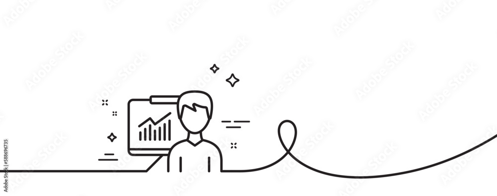 Poster presentation line icon. continuous one line with curl. education board sign. lecture with charts sym