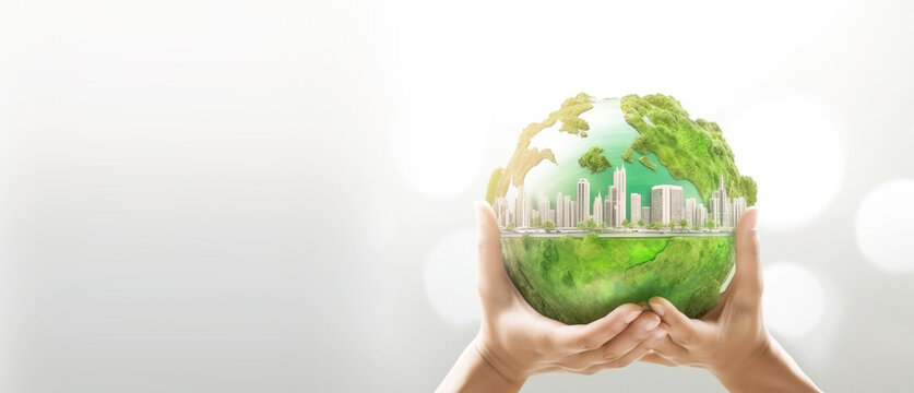 Handhold green city globe , Generative ai