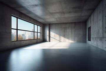 Concrete Simplicity: A Modern Open Space Mockup with Panoramic City View, AI Generated