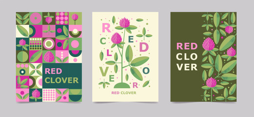 Set poster, brochure with red clover drawing. Isolated flower and leaves. Cards geometry for print design vector banner