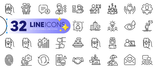 Outline set of Approved app, Food app and Online education line icons for web with Leadership, Risk management, Professional thin icon. Business statistics, Security agency. Vector