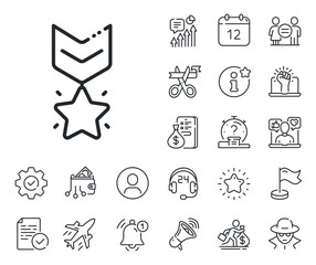 Ranking star sign. Salaryman, gender equality and alert bell outline icons. Winner medal line icon. Best rank symbol. Winner medal line sign. Spy or profile placeholder icon. Vector