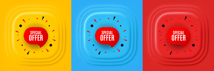 Special offer sticker. Neumorphic offer banner, flyer or poster. Discount banner shape. Sale coupon bubble icon. Special offer promo event banner. 3d square buttons. Special deal coupon. Vector