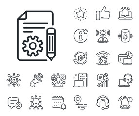 Technical instruction sign. Place location, technology and smart speaker outline icons. Documentation line icon. Documentation line sign. Influencer, brand ambassador icon. Vector