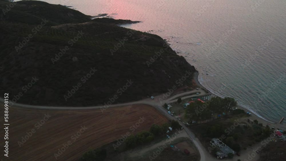 Sticker aerial drone footage over canakkale at sunset. turkey.