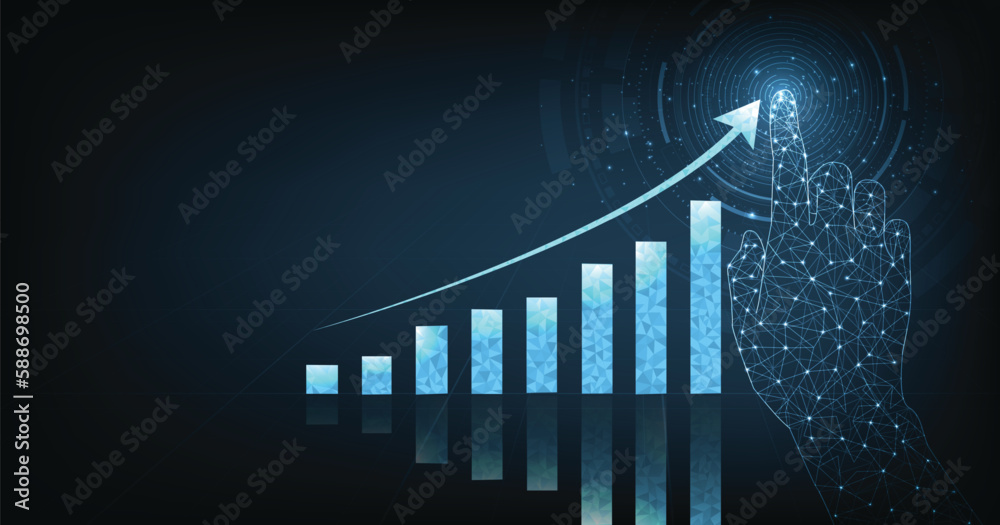 Fototapete Concept of growth business on successful with graph icon up digital on dark blue background. growing graph icon from triangle line particle design low poly.