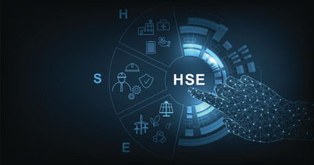 Health Safety Environment (HSE )concept.Health Safety Environment for Standard safe industrial work. HSE Icon Set on dark blue background.	