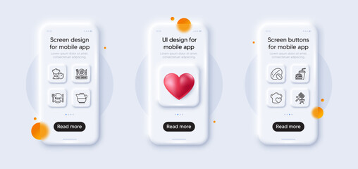 Milk jug, Soy nut and Pre-order food line icons pack. 3d phone mockups with heart. Glass smartphone screen. Grill basket, Love cooking, Calories web icon. Chef, Hamburger pictogram. Vector