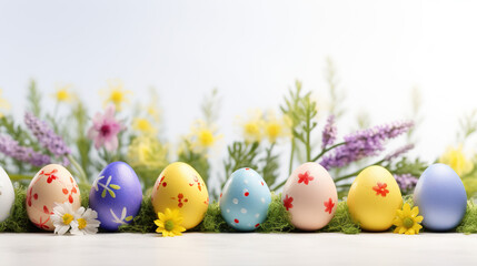 Fototapeta na wymiar A festive Easter banner with a row of colorful eggs and spring flowers using a panoramic aspect ratio and natural light