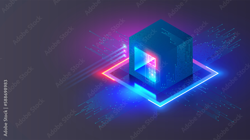 Poster Blockchain technology conceptual banner. Mining, exchange, p2p arbitration of cryptocurrency. Digital Block or cube consisting at digital financial data. Fintech abstract background. Block chain tech.