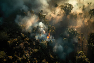 Fototapeta na wymiar Aerial photography of a massive forest fire. Drone top view of wildfire with smoke and burning trees from the height of a bird flight. Ecological catastrophe. 6K high resolution image. Generative AI