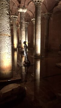 Vertical footage the interior of Basilica Cistern, Istanbul, Turkey