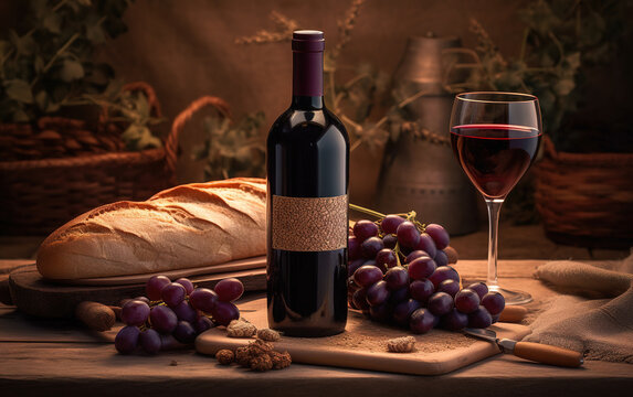 Red wine bottle, sesame bread, bunch of grapes and grape leaves on rustic olive table with vineyard in background. Generative AI