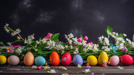  a row of colorful eggs and spring flowers using a panoramic aspect  ai generated