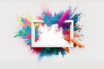Generative AI illustration of a frame with colorful powder explosion on a white background