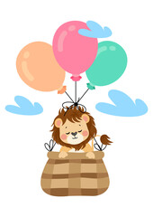Cute lion flying in basket with balloons