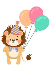 Happy birthday cute lion holding three balloons