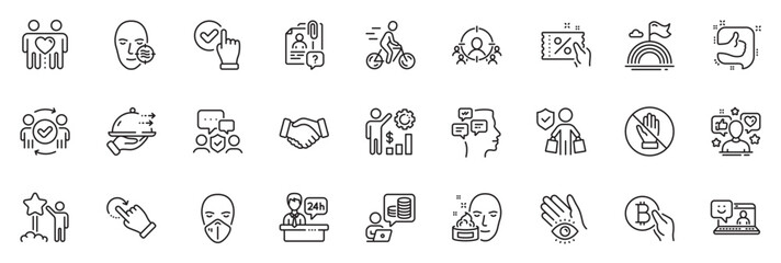 Fototapeta na wymiar Icons pack as Approved teamwork, Corrupt and Friends couple line icons for app include Search employee, Checkbox, Cyclist outline thin icon web set. Reception desk, Medical mask. Vector