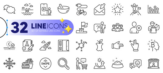 Outline set of Chemical formula, Open door and Swimming pool line icons for web with Open mail, Search employee, Sun protection thin icon. Delete user, Touchscreen gesture. Vector