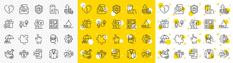 Outline Phone password, Eye detect and Business idea line icons pack for web with Transform, Puzzle, Broken heart line icon. Cursor, Entrance, Deckchair pictogram icon. Buying currency. Vector