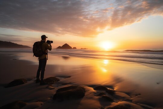 Image of a photographer taking pictures on a beach at sunset.