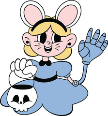 Cute cartoon girl with a skeleton in the form of a mouse. sticker