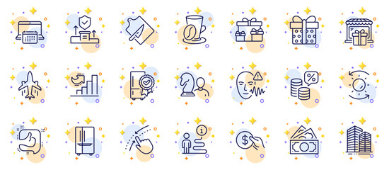 Outline set of Sun protection, Surprise boxes and Money line icons for web app. Include Plane, Chess, Security agency pictogram icons. Payment, Swipe up, Like signs. Gift box. Vector