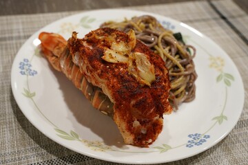 Closeup of a lobster meal on a plate