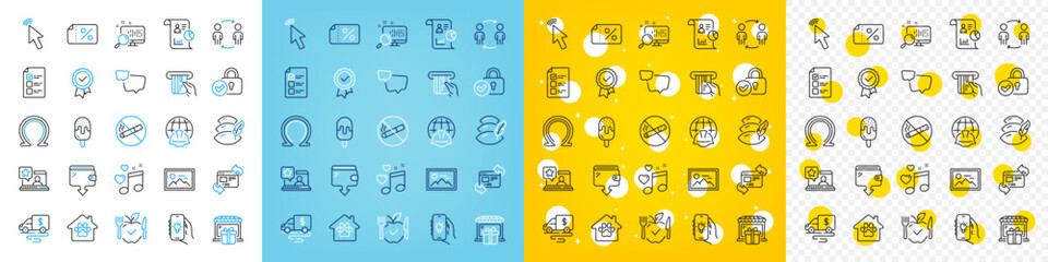 Vector icons set of Workflow, Tested stamp and Voting ballot line icons pack for web with Speech bubble, Pillow, Discount banner outline icon. Search, Photo, Report pictogram. Vector