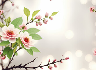 Fresh branch of white and pink flowers on a light pastel background. Empty space for text