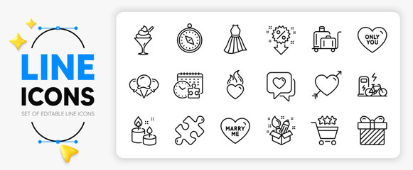 Love, Discount and Electric bike line icons set for app include Ice creams, Surprise, Heart outline thin icon. Luggage trolley, Travel compass, Dress pictogram icon. Heart flame, Puzzle. Vector