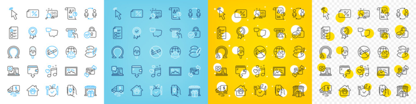 Vector icons set of Workflow, Tested stamp and Voting ballot line icons pack for web with Speech bubble, Pillow, Discount banner outline icon. Search, Photo, Report pictogram. Vector