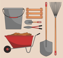 Set Collection Gardening Tools Equipment
