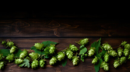 Green hops on background, top view with copy space. Generative AI