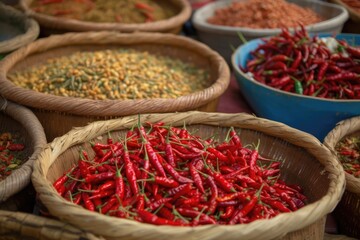 variety of chillies on a oriental market